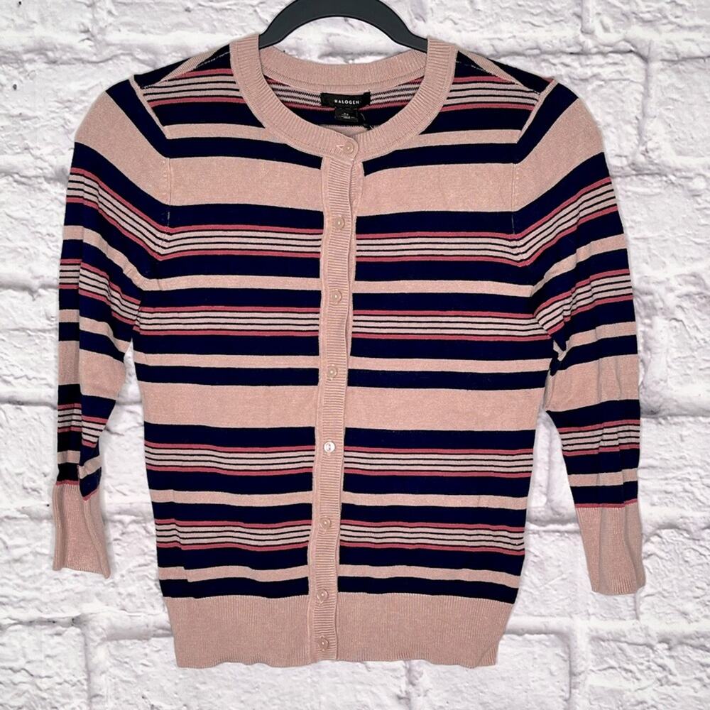 Halogen pink striped button up 3/4 sleeve sweater new size extra small petite